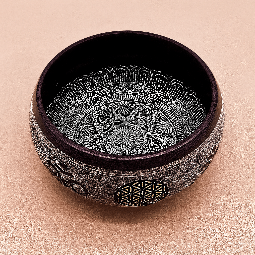 🕉️ Earth Powder Klangschale – „Om Five Buddha“ – 16 cm - Barbarella’s - Sinneszeit